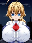  1girl ahoge bangs blazblue blazblue:_central_fiction blonde_hair blue_eyes braid braided_ponytail breasts center_frills covered_nipples crossed_bangs es_(xblaze) expressionless frills highres huge_ahoge huge_breasts looking_at_viewer necktie night outdoors parted_lips red_necktie sky solo suzumori_kuroku underbust xblaze 