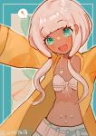  ! 1girl :d aqua_eyes bikini bikini_top_only blunt_bangs blush commentary_request danganronpa_(series) danganronpa_v3:_killing_harmony dark-skinned_female dark_skin eyelashes highres jacket jewelry leaf long_hair long_sleeves navel necklace open_clothes open_jacket open_mouth outline shell shell_necklace smile solo spoken_exclamation_mark stomach stomach_piercing swimsuit twintails user_csmf4723 white_hair yellow_jacket yonaga_angie 