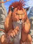  5tatsu animal animal_ear_fluff artist_name bangle beads bracelet claws dated feather_hair_ornament feathers final_fantasy final_fantasy_vii final_fantasy_vii_rebirth final_fantasy_vii_remake fire flame-tipped_tail hair_beads hair_ornament highres jewelry looking_at_viewer no_humans orange_fur outdoors paw_up red_hair red_xiii scar scar_across_eye scar_on_face sidelocks sitting tail yellow_eyes 