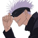  1boy blindfold gojou_satoru highres jujutsu_kaisen male_focus parted_lips portrait short_hair simple_background smile solo v0idzenin white_background white_hair 