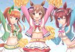  3girls alternate_costume alternate_hairstyle brown_hair cheerleader commentary_request hair_between_eyes headband highres horse_girl jacket long_hair medium_hair midriff mihono_bourbon_(umamusume) multiple_girls nigekiri_sisters_(umamusume) pom_pom_(cheerleading) ponytail sakurakkuma silence_suzuka_(umamusume) smart_falcon_(umamusume) umamusume 