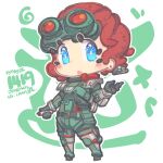  1girl :o apex_legends artist_name black_gloves blue_eyes blush chibi dated gloves goggles goggles_on_head horizon_(apex_legends) jr4rt looking_to_the_side open_hand open_mouth red_hair short_hair solo spacesuit 