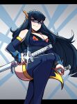  1girl absurdres adapted_costume aneurysm_ax bakuzan boots breasts detached_sleeves dress feet_out_of_frame hair_ornament highres junketsu katana kill_la_kill kiryuuin_satsuki large_breasts leg_up sash solo sparkle standing sword thigh_boots thighhighs weapon 