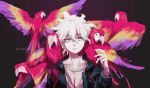  1boy animal animal_focus animal_on_hand animal_on_shoulder artist_name bird brown_background collarbone commentary danganronpa_(series) danganronpa_2:_goodbye_despair english_commentary eyebrows_visible_through_hair flying green_jacket grey_eyes highres hood hooded_jacket jacket komaeda_nagito looking_to_the_side macaw male_focus medium_hair messy_hair open_clothes open_jacket open_mouth parrot print_shirt shirt tetose twitter_username white_hair white_shirt 