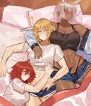  3girls ? ?? abs absurdres ahoge animal_ears arm_around_shoulder artist_name bare_shoulders blanket blonde_hair blush body_markings braid breasts caenis_(fate) cleavage closed_eyes collarbone dark-skinned_female dark_skin deccatezu denim fate/grand_order fate_(series) fujimaru_ritsuka_(female) green_eyes highres hug jacket large_breasts military_vehicle mordred_(fate) motor_vehicle multiple_girls muscular muscular_female navel on_bed orange_hair panties pillow short_hair short_shorts shorts sleeping tank tank_top thong underwear white_hair yuri zzz 