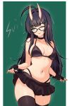  1girl 2025 absurdres anb_(anb_draws) bikini bikini_under_clothes black-framed_eyewear black_bikini black_gloves black_hair black_skirt black_thighhighs breasts clothes_lift commentary contrapposto cowboy_shot demon_girl demon_horns fingerless_gloves glasses gloves green_eyes hair_ornament highleg highleg_bikini highres horns lifting_own_clothes long_hair medium_breasts navel one_eye_closed original skin-covered_horns skirt skirt_lift solo swimsuit symbol-only_commentary thighhighs x_hair_ornament 
