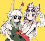  2girls bow closed_mouth collared_dress commentary_request dress ex-keine fujiwara_no_mokou green_dress green_hair hair_bow hand_on_eyewear horn_ornament horn_ribbon horns itomugi-kun kamishirasawa_keine long_sleeves multicolored_hair multiple_girls neckerchief pants puffy_short_sleeves puffy_sleeves red_eyes red_neckerchief red_pants ribbon round_eyewear serious shirt short_sleeves simple_background sleeve_garter star-shaped_eyewear sukusuku_hakutaku sunglasses suspenders touhou white_hair white_shirt yellow_background 