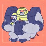  1girl black_gloves black_hair blush closed_eyes commentary_request eyelashes flat_color flower gloves grey_hat grey_shoes hair_flower hair_ornament hat holding holding_flower long_sleeves melmetal mugi_82 nut_(hardware) one-eyed open_mouth pokemon pokemon_(creature) pokemon_sv poppy_(pokemon) red_flower shoes sitting smile 