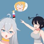  3girls ^_^ ahoge aim-120_amraam aim-9_sidewinder artist_name atamonica black_hair blonde_hair blue_eyes blush choker closed_eyes commentary crying dated english_commentary growling highres looking_at_viewer meme mig-29 multiple_girls o_o original personification pointing scared smile speech_bubble translation_request trembling two_soyjaks_pointing_(meme) white_hair yellow_choker 
