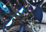  5_fingers anthro blue_body button_eyes detailed_background dragon fangs fingers floating grey_eyes grey_hair hair horn looking_away male planet plushie riushi sad scalie science_fiction solo space spacecraft spaceship_interior spacesuit spandex_suit star vehicle wings zero_gravity 
