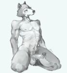  2022 absurd_res anthro balls beastars biped black_and_white bodily_fluids canid canine canis digital_media_(artwork) erection fur genital_fluids genitals grey_body grey_fur greyscale hair hi_res legoshi_(beastars) looking_at_viewer male mammal monochrome nipples nude penile penis shaded signature simple_background sketch solo thendyart wolf 