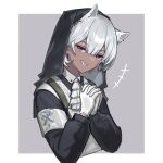  +++ 1girl animal_ears arknights armband ascot bangs border cropped_torso dark-skinned_female dark_skin eyebrows_visible_through_hair gloves grey_background grey_hair grin habit highres horse_ears long_sleeves mabing nun official_alternate_costume outside_border own_hands_clasped own_hands_together parted_lips purple_eyes short_hair simple_background smile solo tuye_(arknights) tuye_(cultivate_vegetation)_(arknights) upper_body v-shaped_eyebrows white_ascot white_border white_gloves 