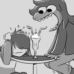  absurd_res bangs beverage big_eyes bodily_fluids bottomwear cherry clothed clothing container cup dairy_products deltarune denim denim_clothing dinosaur dragon drinking_straw duo fangs female food footwear freckles fruit furniture glass glass_container glass_cup greyscale hair hand_on_head hands_on_table hi_res human jacket jeans kris_(deltarune) larger_female long_hair long_sleeves male male/female mammal milkshake monochrome monster open_mouth pants pattern_clothing pattern_shirt pattern_topwear plant reptile scalie scared sharp_teeth shirt shoes size_difference smaller_male steeckykees straw striped_clothing striped_shirt striped_topwear stripes susie_(deltarune) sweat table teeth topwear undertale_(series) video_games whipped_cream 