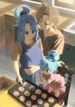  1boy :o alternate_hair_length alternate_hairstyle aqua_(konosuba) blue_dress blue_eyes blue_hair blue_hoodie blue_skirt blush brown_hair brown_shirt child cookie cooking decorating_baked_goods dress family father_and_daughter food green_eyes hair_between_eyes hair_bun hair_ornament hair_rings hetero highres holding hood hoodie hug husband_and_wife if_they_mated indoors izawa_(bhive003) jewelry kitchen kono_subarashii_sekai_ni_shukufuku_wo! light_blush looking_at_another mother_and_daughter multiple_girls neck_ribbon pink_dress pregnant ribbon ring satou_kazuma shirt short_hair single_hair_bun single_hair_ring skirt sphere_hair_ornament wedding_ring window windowsill 