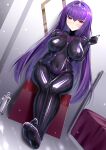  1girl bodysuit breasts covered_navel fate/grand_order fate_(series) feet foot_focus hair_between_eyes headpiece highres iro_ame_(amewaagada) large_breasts latex latex_bodysuit light_particles looking_at_viewer no_shoes purple_hair red_eyes scathach_(fate) scathach_skadi_(fate) soles solo sparkle tiara 