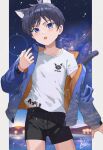  1boy absurdres animal_ears bangs black_shorts blue_hair blue_jacket blurry blurry_background blush cat_boy cat_ears cat_tail commentary_request cowboy_shot extra_ears eyebrows_visible_through_hair highres jacket kemonomimi_mode looking_at_viewer male_focus mountainous_horizon night night_sky open_mouth oppai_ojiichan original shirt short_hair shorts sky snowing solo star_(sky) starry_sky tail teeth ultimate_asuka white_shirt winter 