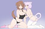  2girls absurdres anb_(anb_draws) animal_ears black_camisole black_choker black_panties braid breasts brown_eyes brown_hair camisole cat_ears cat_girl cat_tail choker cleavage commentary dog_ears dog_girl dog_tail english_commentary fang futo-inu highres hololive hoso-inu inugami_korone kneeling medium_breasts multicolored_eyes multiple_girls nekomata_okayu o-ring o-ring_choker one_eye_closed panties print_panties purple_eyes purple_hair side_braid smile socks strap_slip striped_clothes striped_panties striped_socks tail thighhighs topless_female two-tone_eyes underwear virtual_youtuber white_thighhighs yellow_eyes 