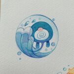  absurdres animal_focus bubble closed_mouth commentary full_body highres kox_hsl no_humans painting_(medium) paper_texture photo_(medium) pokemon pokemon_(creature) poliwag solid_oval_eyes solo traditional_media water_drop watercolor_(medium) waves white_background 