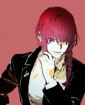  bangs black_coat black_necktie braid braided_ponytail business_suit chainsaw_man coat formal looking_at_viewer makima_(chainsaw_man) necktie pochita_(chainsaw_man) ponytail red_background red_hair ringed_eyes sankomichi simple_background smile stylized_blood suit 