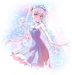  1girl alternate_hairstyle blue_dress blue_eyes commentary dress earrings elbow_gloves glint gloves highres iesupa jewelry long_hair necklace parted_lips pendant rwby scar scar_across_eye scar_on_face short_dress sleeveless sleeveless_dress solo strapless strapless_dress tiara twintails twintails_day weiss_schnee white_gloves white_hair 
