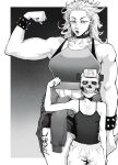  2girls abs bare_shoulders biceps bracelet breasts chain chain_earrings choker closed_mouth cowboy_shot dorohedoro ebisu_(dorohedoro) highres jewelry large_breasts long_hair monochrome multiple_girls muscular muscular_female navel noi_(dorohedoro) shirt skull sleeveless sleeveless_shirt small_breasts spiked_bracelet spikes sports_bra tall_female vinsent 
