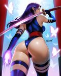  1girl absurdres arm_strap artist_name ass back blue_eyes blue_sky breasts bug butterfly elbow_gloves gloves glowing_butterfly highleg highleg_leotard highres holding holding_sword holding_weapon katana large_breasts leotard long_hair looking_at_viewer marvel marvel_rivals psylocke psylocke_(vengeance) purple_hair purple_thighhighs shrine sky sleeveless sleeveless_turtleneck solo standing swept_bangs sword thigh_strap thighhighs thighs turtleneck weapon wuoarf x-men 