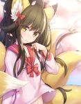  1girl animal_ear_fluff animal_ears bangs black_hair bow eyebrows_visible_through_hair eyes_visible_through_hair fox_ears fox_girl fox_tail hair_bow hair_over_shoulder hand_up highres himeyuri_(nyanko_daisensou) kitsune long_hair looking_at_viewer multiple_tails nyanko_daisensou pink_serafuku red_bow school_uniform serafuku solo tail twin-7646 upper_body yellow_eyes 