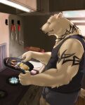  2022 anthro appliance clothing cooking detailed_background food fur hi_res humanoid_hands inside kemono kitchen kitchen_utensils kotori male mammal polar_bear shirt solo stove tattoo tools topwear underwear ursid ursine white_body white_fur 