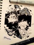  2018 2others :d @_@ ahoge ankle_boots art_tools_in_frame boots broken_heart chara_(undertale) closed_eyes closed_mouth commentary cowlick dated double-parted_bangs english_commentary frisk_(undertale) full_body greyscale grin hair_between_eyes heart high_contrast highres inktober knee_boots lace-up_boots long_sleeves marker_(medium) monochrome multiple_others other_focus outline pantyhose puffy_long_sleeves puffy_sleeves sandragh shaded_face short_hair short_shorts shorts smile soul_(deltarune) striped_clothes striped_sweater sweater thighhighs traditional_media tumblr_username turtleneck turtleneck_sweater u_u undertale utdr_(toby_fox) 