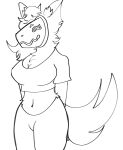  anonymous_artist anthro breasts clothed clothing crop_top female fur hi_res inner_ear_fluff machine monochrome neck_tuft pash protogen shirt smile solo topwear tuft 