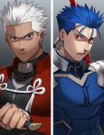 2boys angry archer_(fate) armor blue_hair cu_chulainn_(fate) cu_chulainn_(fate/stay_night) earrings fate/stay_night fate_(series) gae_bolg_(fate) gradient gradient_background grey_background grey_eyes hair_tubes ichimatsuinfo jewelry kanshou_&amp;_bakuya_(fate) looking_at_viewer low_ponytail male_focus multiple_boys ponytail red_eyes white_hair 