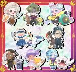  4boys 4girls :d absurdres antenna_hair apron aqua_eyes aqua_nails ascot backwards_hat bags_under_eyes bald baseball_cap bell_pepper bellibolt bird black_dress black_hair black_hat black_jacket black_pants black_pantyhose black_shoes black_suit blue_apron blue_boots blue_hair blue_mittens blue_necktie blue_pants blush blush_stickers boots border bounsweet bow-shaped_hair brassius_(pokemon) briefcase bright_pupils brown_apron brown_ascot brown_gloves brown_hat brown_shirt brown_skirt buttons carrot cetoddle character-themed_food character_hair_ornament chibi cleaver closed_eyes closed_mouth coat collared_shirt colored_eyelashes commentary_request crabominable dark-skinned_female dark_skin dessert dress drop_shadow earrings eating espathra eyelashes eyeshadow fingernails flying_sweatdrops food food_on_face gloves greavard green_hair green_pants green_shoes grey_boots grey_eyes grey_hair grey_pupils grey_shirt grusha_(pokemon) hair_bun hair_ornament hand_in_pocket hat high_heels highres holding holding_briefcase holding_cleaver holding_microphone holding_tray holding_whip horns iono_(pokemon) jacket jewelry katy_(pokemon) kofu_(pokemon) komala larry_(pokemon) lips long_eyelashes long_hair long_sleeves magnemite makeup mature_female mature_male microphone mittens mole mole_under_eye multicolored_hair multiple_boys multiple_girls nail_polish necktie one_eye_closed onigiri onion open_clothes open_jacket open_mouth outline pants pantyhose pink_hair plate pocket pokemon pokemon_(creature) pokemon_sv puffy_short_sleeves puffy_sleeves purple_hair purple_shirt rectangular_pupils red_eyes ryme_(pokemon) scarf scarf_over_mouth sharp_teeth shirt shoes short_hair short_sleeves single_hair_bun single_horn skirt sleeves_past_fingers sleeves_past_wrists smile speaker spiked_hair standing standing_on_one_leg staraptor sudowoodo suit sunflora tarountula teeth thick_eyebrows tongue tray tulip_(pokemon) two-tone_hair unibrow upper_teeth_only user_wksm4343 very_long_hair white_dress white_hair white_outline white_pants white_pupils white_shirt white_shoes yellow_coat yellow_eyes yellow_shoes 