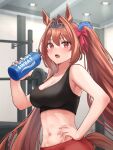  1girl animal_ears black_tank_top bottle bow breasts brown_eyes brown_hair cleavage collarbone commentary_request daiwa_scarlet_(umamusume) fang fingernails gym hair_bow hand_on_hip highres holding holding_bottle horse_ears horse_girl horse_tail leggings long_hair medium_breasts midriff navel open_mouth pants red_bow red_pants skin_fang solo sports_bra stomach tail tank_top tiara twintails umamusume very_long_hair water water_bottle yamaro0 yoga_pants 