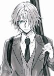  1boy 3wa_tari aqua_eyes black_necktie cardigan closed_mouth collared_shirt final_fantasy final_fantasy_vii final_fantasy_vii_ever_crisis grey_hair grey_jacket hair_over_one_eye highres jacket looking_at_viewer male_focus monochrome necktie official_alternate_costume parted_bangs school_uniform sephiroth sephiroth_(ever_crisis) sephiroth_(shinra_private_academy) shinra_electric_power_company shirt short_hair solo spot_color suit_jacket upper_body weapon weapon_case weapon_on_back white_background white_shirt 