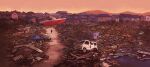  1other ambiguous_gender boat building car commentary_request copyright_request destruction evening highres house monaka_(siromona) motor_vehicle mountainous_horizon official_art outdoors rubble scenery sky standing very_wide_shot watercraft 