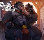 abs alcohol anthro aroused aroused_by_another aroused_face aroused_male aroused_smile backlighting balls barazoku barrel beard bedroom_eyes beverage biceps big_muscles black_beard black_body black_chest_hair black_facial_hair black_fur black_hair black_sideburns body_hair bottomwear braided braided_beard braided_fur bulge canid canine canis chest_hair chest_scar claws clothing cocky cocky_grin deeeems detailed_bulge dialogue drinking_alcohol english_text erection erection_under_clothing erection_under_loincloth facial_hair flirting flirting_look flirting_with_viewer forest_ranger fur genital_outline genitals grey_body grey_fur hair hi_res holding_tankard inviting inviting_to_sex inviting_viewer leaning leaning_backward leaning_on_elbows leg_scar light light_beam lighting loincloth looking_at_viewer low-angle_view male mammal manly medieval medieval_architecture medieval_armor medieval_clothing medieval_fantasy melee_weapon mercenary muscular muscular_anthro muscular_male narrowed_eyes nipple_piercing nipple_ring nipples orange_eyes pecs penis penis_outline piercing presenting presenting_bulge propositioning ranger relaxing ring_piercing ronin_(innovator_aegis) scabbard scar seducing_viewer seductive shadow showing_off_muscles sideburns sitting sitting_on_barrel solo speech_bubble spread_legs spreading sunbeam sunlight sword sword_on_back tail tankard tavern tavern_background tenting text thick_arms thick_thighs vein veiny_muscles warrior weapon weapon_on_back wolf wristband