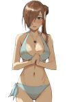  1girl bikini blue_eyes blush breasts brown_hair cleavage cowboy_shot flower hair_bun hair_flower hair_ornament hair_over_one_eye jewelry large_breasts long_hair looking_at_viewer midriff navel necklace open_mouth own_hands_together rourou_ill side_ponytail solo swimsuit tales_of_(series) tales_of_the_abyss tear_grants white_background white_bikini 