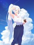  1girl ;d absurdres arm_up armpits belt belt_buckle black_belt blue_eyes blue_skirt blue_sky buckle cloud copyright_name cumulonimbus_cloud cup disposable_cup drink drinking_straw eyebrows_visible_through_hair highres holding holding_cup holding_drink long_hair long_skirt maguro_(guromaguro) one_eye_closed open_mouth ponytail print_shirt rwby shiny shiny_hair shirt shirt_tucked_in short_sleeves skirt sky smile solo standing very_long_hair weiss_schnee white_hair white_shirt 