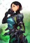  1girl aqua_bodysuit black_gloves black_hair bodysuit breasts from_side frown gas gloves green_eyes hair_behind_ear holding holding_mask hungry_clicker mask mask_removed medium_breasts open_hand short_hair solo valorant viper_(valorant) 