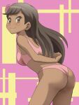  1girl arms_behind_back ass awa bangs bare_arms blush bra breasts brown_eyes brown_hair closed_mouth commentary_request cowboy_shot dark-skinned_female dark_skin eyelashes furisode_girl_blossom hair_ornament leaning_forward long_hair looking_at_viewer panties pink_lips pink_panties pokemon pokemon_(game) pokemon_xy smile solo underwear wedgie 