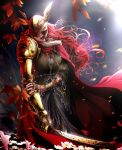  1girl absurdres amputee blade cape covered_eyes ediptus elden_ring falling_petals flower gold_armor helmet helmet_over_eyes highres holding_own_arm injury katana leaf long_hair malenia_blade_of_miquella mechanical_arms petals prosthesis prosthetic_arm red_cape red_hair scar single_mechanical_arm solo standing sword valkyrie weapon winged_helmet 