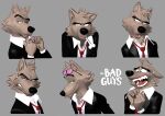  absurd_res angry anthro biped black_nose bodily_fluids canid canine canis chibetto clothing dreamworks eyewear eyewear_on_head hi_res humanoid_hands male mammal mr._wolf_(the_bad_guys) necktie official_art shirt solo sunglasses sunglasses_on_head sweat the_bad_guys topwear wolf 
