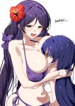  2girls absurdres aqua_eyes bare_arms bikini blue_hair blush breast_press breast_smother breasts cleavage collarbone commentary_request face_to_breasts flat_chest flower hair_flower hair_ornament hair_ribbon highres hug large_breasts long_hair love_live! multiple_girls navel open_mouth purple_bikini purple_hair purple_ribbon ribbon sidelocks simple_background smile sonoda_umi swimsuit tarakon tojo_nozomi trembling white_background white_bikini yuri 