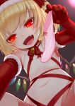  1girl :d alternate_costume bell blonde_hair blush christmas commentary_request covered_navel cowboy_shot crystal_wings elbow_gloves fang flandre_scarlet flat_chest fur-trimmed_gloves fur_trim gloves grey_background harunoha hat highres holding_sock leotard looking_at_viewer multicolored_wings neck_bell open_mouth pink_socks red_eyes red_gloves santa_hat short_hair smile socks solo touhou unworn_socks white_leotard wings 