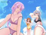  3girls akishikino back_alley_alliance beach black_sports_bra braid brown_eyes brown_hair grey_eyes grey_hair long_hair looking_at_viewer melty_blood multiple_girls one-piece_swimsuit open_mouth ponytail purple_eyes purple_hair red_eyes riesbyfe_stridberg short_hair shorts sion_eltnam_(type-moon) sion_eltnam_atlasia smile sports_bra swimsuit tsukihime twintails very_long_hair watermark white_hair white_shorts yellow_one-piece_swimsuit yumizuka_satsuki 