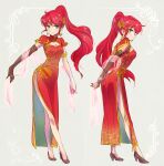  1girl alternate_costume armlet ass breasts brown_gloves china_dress chinese_clothes cleavage commentary contrapposto crown dress earrings elbow_gloves floating_hair gloves green_eyes headpiece high_heels highres iesupa jewelry leaning_forward legs long_hair medium_breasts multiple_views ponytail pumps pyrrha_nikos red_dress red_hair rwby shawl side_slit single_elbow_glove single_glove smile 