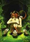  1girl absurdres animal_ears beastling_(hollow_knight) brown_hair chazeyrain green_horns highres hollow_knight hollow_knight:_silksong hooves horns nude on_ground sheep_ears sheep_girl sheep_horns sitting 