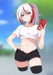  1girl absurdres anb_(anb_draws) black_shorts black_thighhighs blurry blurry_background bra_strap cellphone cowboy_shot crop_top cropped_legs cropped_shirt hand_on_own_hip highres holding holding_phone midriff minami_(anb_draws) multicolored_hair navel open_fly original panties phone ponytail red_eyes red_hair red_nails red_panties shirt short_shorts shorts sidelocks smartphone smile solo streaked_hair t-shirt thighhighs two-tone_hair underwear white_hair 