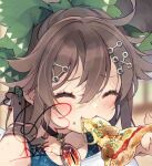  1girl ^_^ artist_logo black_choker bow brown_hair cheese choker close-up closed_eyes commentary_request double-parted_bangs eating fingernails food green_bow hair_between_eyes hair_bow hair_ornament happy logo mushroom pizza reiuji_utsuho smile solo third_eye touhou toutenkou watermark watermark_grid 