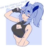  1girl absurdres anb_(anb_draws) arm_tattoo barcode barcode_tattoo blue_eyes blue_hair borrowed_character breasts cleavage cleavage_cutout clothing_cutout commentary crop_top cropped_torso english_text fingerless_gloves gloves highres large_breasts multicolored_eyes navel one_eye_closed original ponytail saki_(the_atko) solo tattoo tongue tongue_out upper_body v yellow_eyes 